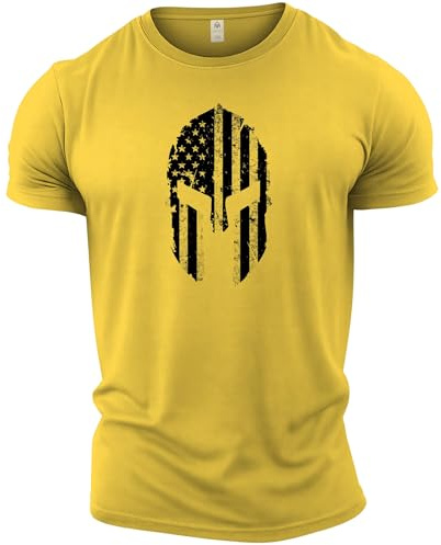 GYMTIER Spartan Helmet USA Flag Men's Gym T-Shirt Bodybuilding Training Workout Lifting Top Clothing, Yellow, L