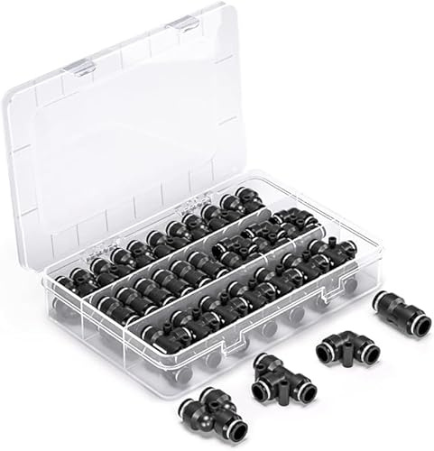 Innfeeltech 60 Stück 12mm Schwarz Push-to-Connect Pneumatik Fitting Kit, 15 gerade, 15 Splitter, 15 Winkel, 15 T-Typen Schnellspanner Pneumatische Steckverbinder
