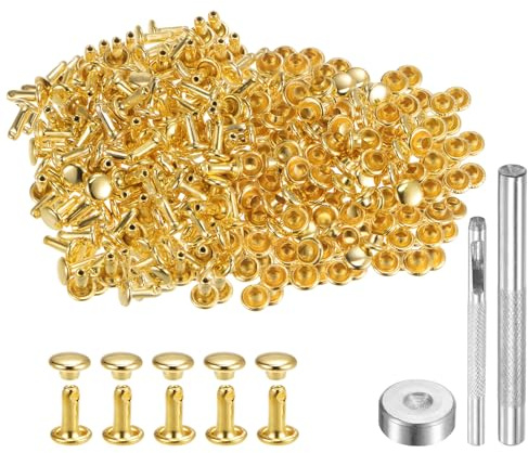 QUARKZMAN 200 Set Rivetti in Pelle 6mm x 8mm Elementi Fissaggio Borchie Rivetto a Doppio Cappuccio Metallo 3Pz Montaggio Chicago per Borse Pelle Riparazioni, Tono Oro