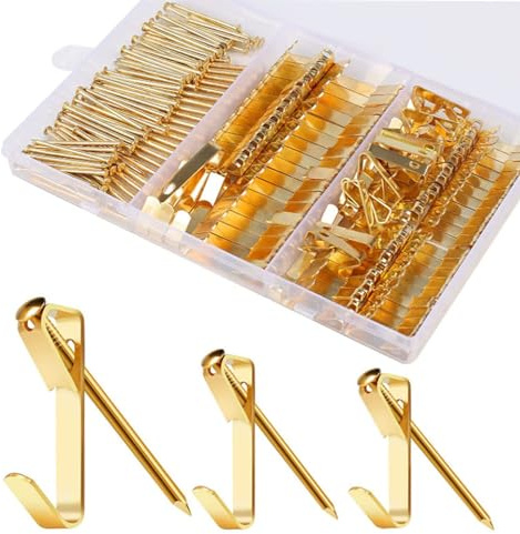 90 Piezas Ganchos para Colgar Cuadros Set con Caja, Ganchos para Cuadros de 20LB 30LB 50LB con 94 Clavos, Ganchos para Colgador Cuadros Kit para Fotos Espejos Ropa Sombrero(Dorado)