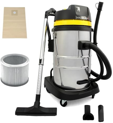 MAXBLAST - Aspiradora Industrial en Seco y Húmedo Industrial Profesional Potente, Capacidad 50 litros,con Cable,Doble Filtro (1 Tela+1 HEPA),Manguera Larga,Aspirador Escoba para Limpieza de Alfombras