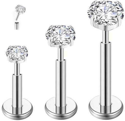 ESHIONER G23 Titan Traguspiercing Smycke Helix Labret Näsa Stud Lip Bar Piercing Broskörhängen Medusa Monroe Hypoallergen Gänga Tryck i Platt Rygg Silver Guld CZ 16g 6 mm 8 mm 10 mm, 18 gauge (1.0mm