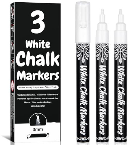 AOSUCO White Chalk Pens, 3mm Washable Liquid Chalk Markers with Reversible Tips (Round Tip & Chisel Tip) Chalk Pens for Blackboards, Window, Glass, Chalkboard, Jars, 3 Pack Wipeable Blackboard Pens
