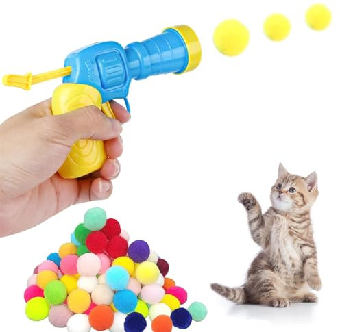 Oykrueats Katzenspielzeug Ball Werfer,50 Stück Katzenbälle Soft Mit 1 Stück Kunststoff Startwerkzeug,Interaktives Katzenspielzeug für Katzen Spielzeug,Cat Toy Ball für Indoor Haustier Kätzchen Hunde
