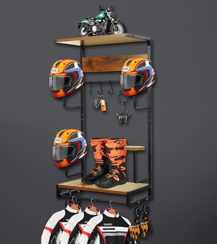 NANXITU Motorcycle Helmet Rack Wall Mount, Retro Rust Holder With Wood Floating Shelf for Accessories Storage, Display Hanger Stand With Clips and Hooks | Helmet Display Hanger, for Motorcycle Accessories Storage, Helmet Stand with Clips and Hooks