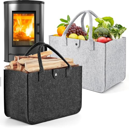 WuGU Filztasche Einkaufstasche, 2 Stück Filztaschen Shopper, Filztasche Groß, Faltbar Filzkorb, Tragetasche Filz, Shopping Bag zur Einkaufen,Spielzeug, Aufbewahrung (39x26x20cm, Hellgrau Dunkelgrau)