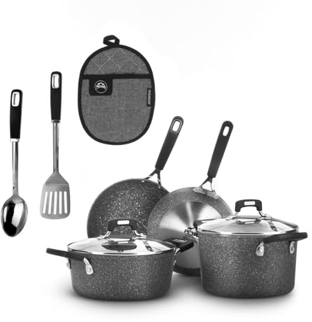 KASANOVA Batteria pentole 9 pezzi New Petra Dark, Set pentole e padelle induzione e forno fino a 180°C, Set pentole antiaderente con paletta, cucchiaio e presina