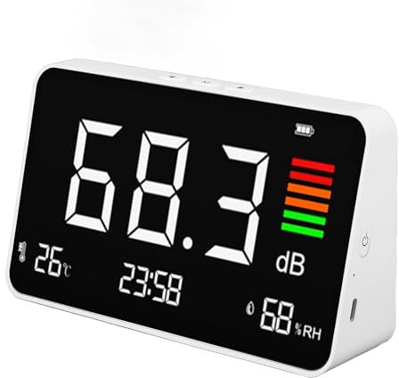 Digitales Dezibelmessgerät, 30–130 DB, Digitales Schallpegelmessgerät mit Großem LCD-Display, Zeit-Temperatur-Feuchtigkeitsmessgerät, Tragbares SPL-Messgerät, Geräuschmonitor für