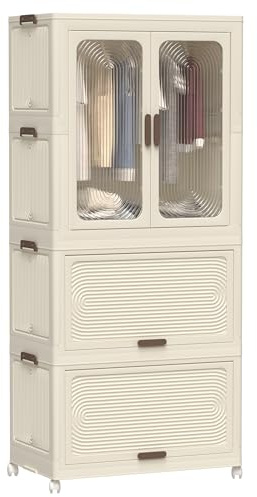 Leavader Portable Kids Closet, Children's Wardrobe Collapsible Plastic Wardrobe with Wheels, Foldable Baby Clothes Cabinet Storage Organizer with 8 Shelves, 1 Hanging Rod and 10 pcs Hangers