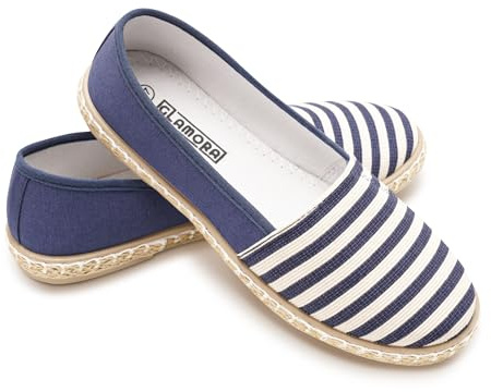 GLAMORA Alpargatas Mujer Lona a Rayas, Bailarinas Esparto Mujer Suela Goma Antideslizante, Manoletinas Planas Verano Comodas, Zapatos Slip On Mujer Ligeros Transpirables Calzado Verano Mujer navy-41
