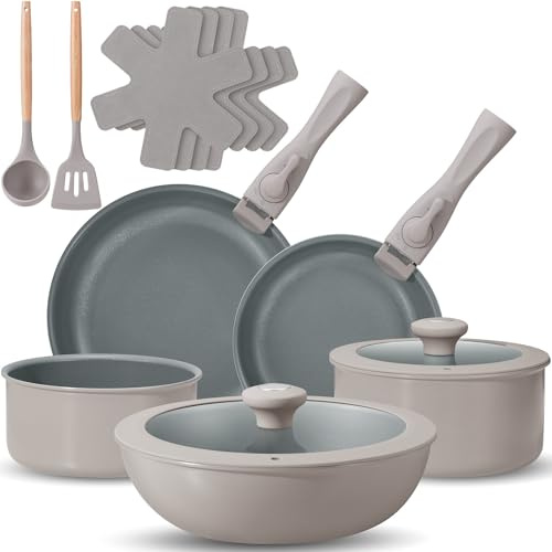 BEZIA 17 Pièces Poele Ceramique et Batterie de Cuisine Induction, Revêtement Céramique Antiadhésif, Poignées Amovibles, Empilable, Compatible Induction, Gaz et Vitrocéramique, sans PTFE, sans PFOA
