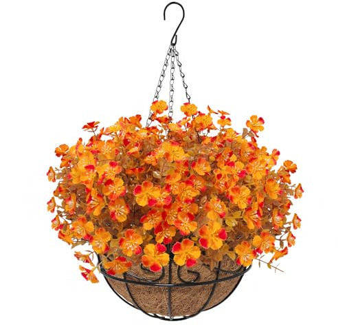 Luiywan Artificial Fall Flowers with Hanging Basket, Fake Mums Daisy Plants with Eucalyptus Leaves UV Resistant, Outdoor Autumn Decor for Home Garden Porch Patio Thanksgiving (Orange, 1 Pack)