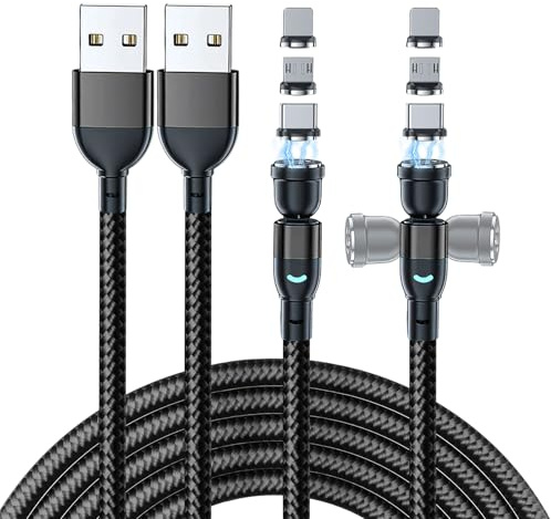 2PCS (2M+1M) Magnetic Charging Cable, 360°& 180° 3 in 1 Magnetic Phone Charger Cable, 3A Charging and Data Transfer Cable with Type C, Micro USB, Other Product for Mac-Book Smartphone Tablet Laptop