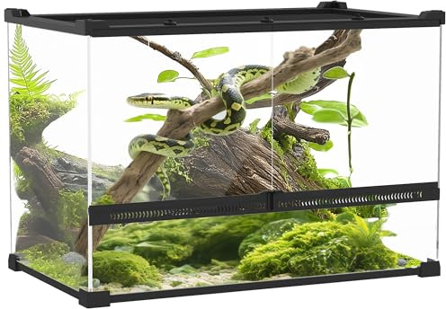 PawHut Terrarium für Reptilien Glasterrarium 48L Reptile Fütterungsbox mit Frontbelüftung ausbruchsicherer Drehverschluss Reptilienzuchtbox für Amphibien Spinne Schwarz 50 x 30 x 35 cm