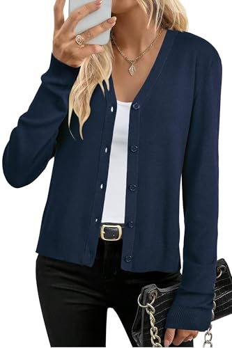 Arach&Cloz Women's Wool Business Casual Fall Cardigan Sweaters Navy M | Lightweight & Breathable, Long Sleeves V-Neck Button Down Sweaters, Fall Clothes for Work Office Daily Wear