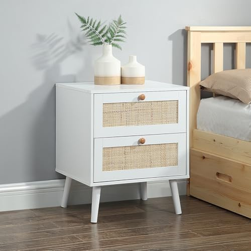 Home Treats Bedroom Furniture Set Rattan White Wooden Chest of 2 Drawers Bedside Table Rustic Country Rattan Weave (2 Drawer Bedside)