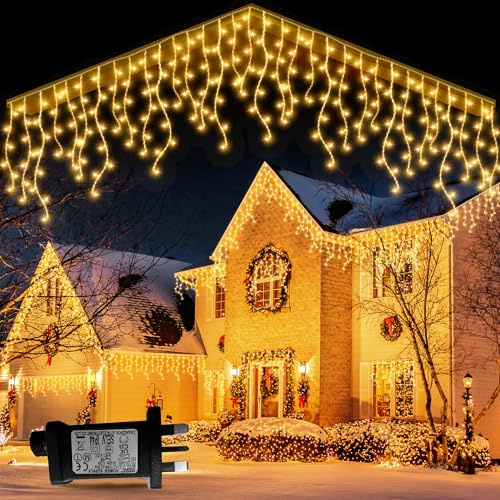 GYLEFY 20M Icicle Outdoor Christmas Lights for Decoration, Warm White | 65.6FT 720 LED, Connectable Lights, IP65 Waterproof, 8 Lighting Modes, Timer, Outdoor Christmas Decoration