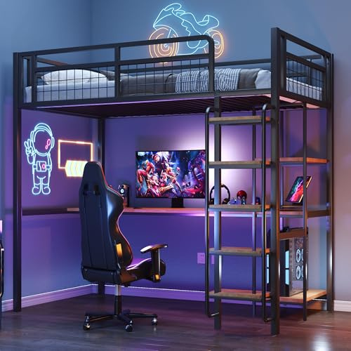Merax Kinderbett Hochbett,Metall,90x200 cm, mit Schreibtisch,mehrere Regalen,Sicherheitsleiter mit Treppenstufen, Metallgitter-Sicherheitszaun, für Kinder und Jugendliche, Ohne Matratze,Schwarz