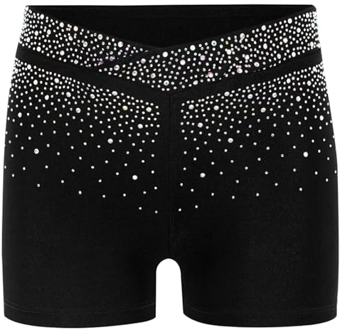 Freebily Short de Sport pour Enfant Fille Collant Short de Danse Ballet Jazz Latine Strass Legging Pantalon Court Patinage Artistique Noir 11-12 Ans