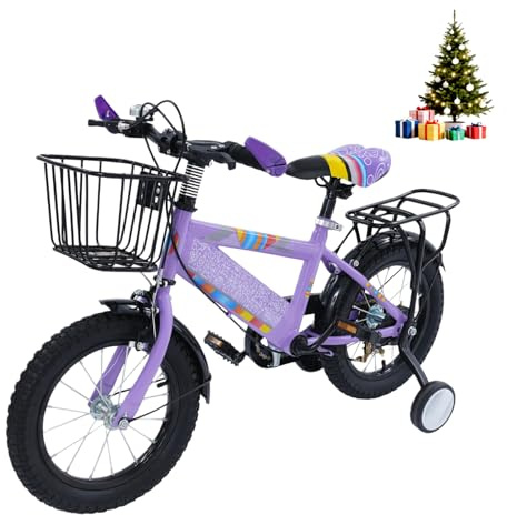 HUOMMGS 14 Zoll Kinderfahrrad Upgraded Kinderfahrrad mit Stützrädern, Rücksitz, Korb Höhenverstellbar Kinder Fahrrad für ab 3-6 Jahre Jugend Fahrrad Mädchenfahrrad für Outdoor Reiten (Violett)