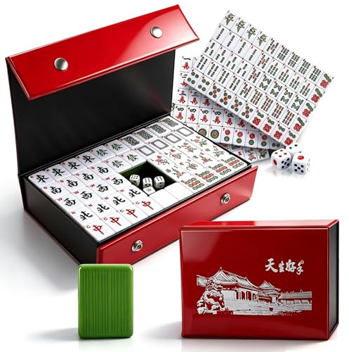 Eirolace Juego de Mahjong Chino de Gran Formato - Juego Completo con 146 Azulejos de 3,0 x 2,25 cm y Estuche de Viaje - Azulejos Resistente y Fácil de Leer para la Familia, Fiestas y Viajes (Verde)