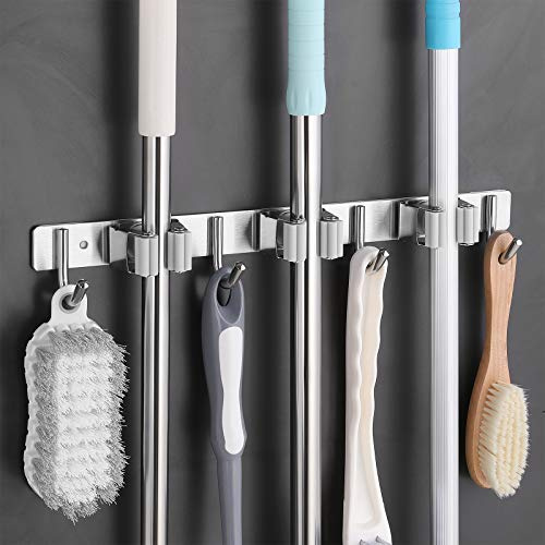 OMATOP 304 Stainless Steel Broom Mop Holder, Wall Mounted Heavy Duty Broom Storage with 3 Racks and 4 Hook, Organizer for Kitchen, Bathroom, Garage and Garden, Gray