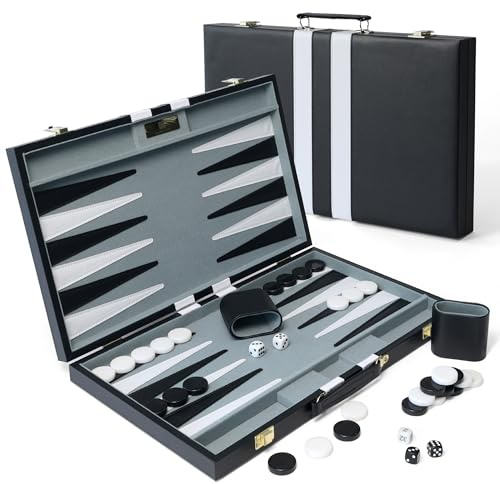 Large Backgammon Sets for Adults, 18 inch Black Travel Backgammon Board Game Sets, Classic Board Game with Premium Leather Case, Portable Travels Strategy Backgammon Game Set for Adults