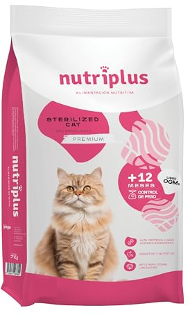 NUTRIPLUS - Pienso para Gatos Adultos Esterilizados Control de Peso y Salud Urinaria - Sin OGM Saco 7 Kg Rico en L-Carnitina y Fibras Naturales Saciantes
