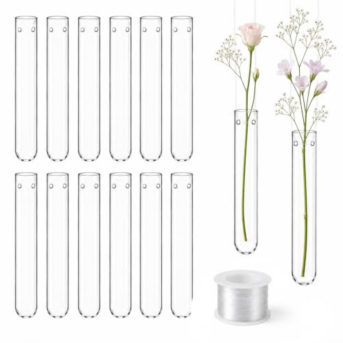 Forbabe 12 tubos de ensayo de 20 x 100 mm para colgar flores, jarrón de tubo de ensayo pequeño con agujero y línea de suspensión de 7,6 m, jarrón decorativo para bodas, decoración del hogar, fiestas