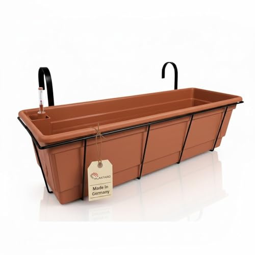 Plastard selbstwässernd Blumenkasten 100 cm Terrakotta Pflanzkasten & Korb | robuste Metallkorb - Witterungs- UV- & frostbeständig Pflanzkübel für Balkon, Garten & Terrasse mit Wasserstandsanzeiger