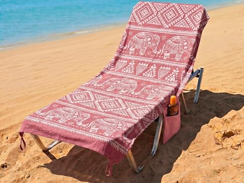o-day Serviette de Plage avec Coins Élastiqués et Poches 70x180cm – Serviette de Plage Coton Fouta 100% pour Transat et Plage (Tribal - Fuchsia Jaipur)