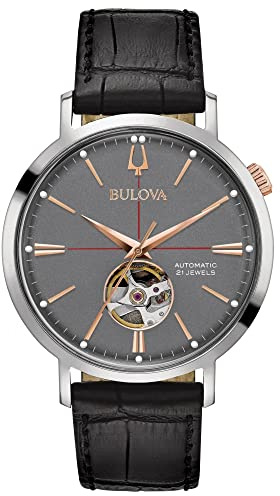 Bulova Men's Classic Aerojet 3-Hand Automatic Leather Strap Watch, Open Aperture, 40-Hour Power Reserve, Double Curved Mineral Crystal, 41mm Style: 98A187