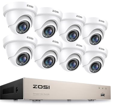 ZOSI CCTV Kit Cámaras de Vigilancia Exterior 8pcs 1080p Cámara de Seguridad con 8CH 2MP H.265+ Grabador DVR, Visión Nocturna IR, Alarma de Movimiento, Sin Disco Duro