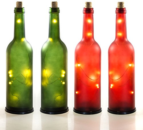 DbKW (2X grün, 2X rot) LED Weinflaschen/Glasflasche satiniert, 10 LEDs, batteriebetrieben, In & Outdoor geeignet. Weinflasche mit LED-Beleuchtung