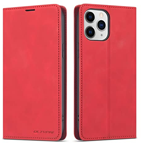 QLTYPRI Hülle für iPhone 11 Pro, Premium Dünne Ledertasche Handyhülle mit Kartenfach Ständer Magnetverschluss Flip Schutzhülle Kompatibel mit iPhone 11 Pro (5,8 Zoll) - Rot | Retro PU Leder Klapphülle, Handyhülle mit 3 Kartenfächer, Standfunktion, Weicher Dünne TPU-Rahmen, Stoßfeste Flip Wallet Case