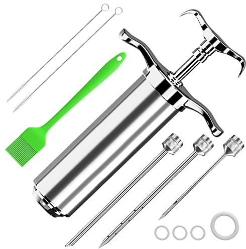 Jeringuilla Cocina da Acero,Jeringa de Cocina Inox Con 3 Agujas,Jeringuillas,Agujas Embuchar, Mechador De Carne,de Acero Inoxidable Para Pavo De Res BBQ 60 Ml 2 Oz Con 3 Cepillos (Plata)1