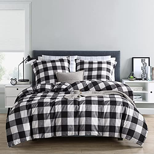 Juego de ropa de cama a cuadros de 155 x 220 cm, color negro, gris y blanco, funda nórdica moderna de microfibra a rayas y 2 fundas de almohada de 80 x 80 cm con cremallera