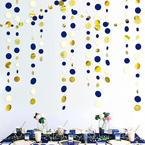 52 Ft Navy Blue and Gold Circle Dots Garland Royal Blue Hanging Paper Polka Dot Streamer for Birthday Wedding Bridal Baby Shower Graduations Nautical Ahoy Achor Pirate Theme Party Decorations Supplies