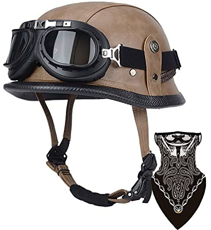 DIRERTYS Rétro Cuir Demi Casque Moto Bol Style Allemand avec Visière UV Lunettes, Certifié Dot/ECE Casque pour Scooter Bike Cruiser Chopper Moped Casque RéTro De (55-65cm)