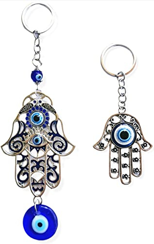 SabelAX Mano Fatima Ojo Turco Colgante Pared. Amuleto para la Casa + Llavero Mano Fatima Ojo Turco. Amuletos para el Mal de Ojo. Amuletos de la Suerte y Proteccion (Colgante 5 + Llavero)