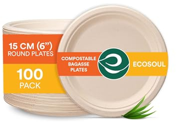 ECO SOUL Small Paper Plate (15Cm) 6 Inch Round [100-Pack] Compostable Heavy Duty Disposable Bagasse Plates | Eco Friendly Biodegradable Plates for Christmas Parties & Events