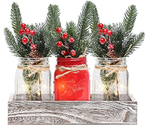 Christmas Mason Jars, Christmas Centerpiece Table Settings, Wood Tray with 3 Painted Jars, Dining Coffee Table Centerpiece, For Kitchen, Living Room, Red Mason Jar Decor with Flowers