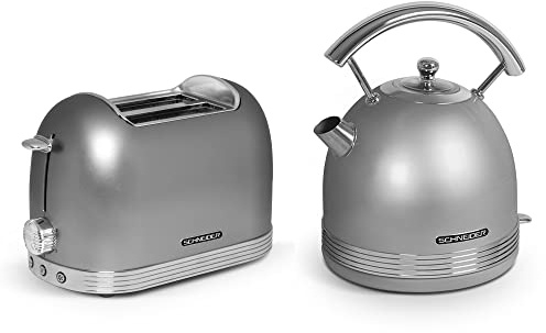 SCHNEIDER Retro Line Frühstück-Set Silber, Toaster & Wasserkocher, 1,7 Liter, 360° Sockel & Überhitzungsschutz, Zwei Schlitz Toaster mit 6 Bräunungsstufen & Krümelschale