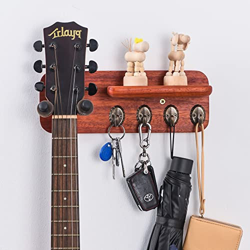 TREELF Gitarren-Wandhalterung, Gitarren-Wandhalterungen mit Regal, Ukulelen-Wandhalterung, Gitarrenhaken-Rack, Holz-Gitarren-Wandständerhalter für Akustikgitarre, Bass, Mandoline (Groß)