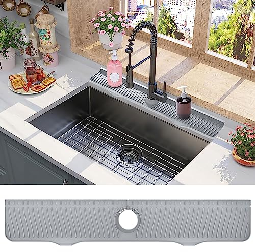 32 Inch Sink Splash Guard, Kitchen Sink Drying Mat, Countertop Faucet Drip Catcher Tray, Sponge Holder (Gray)