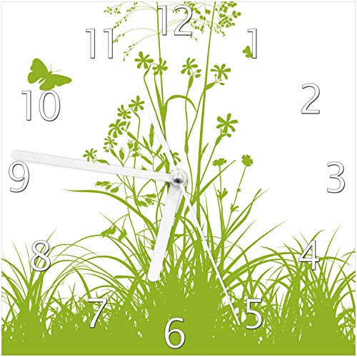 Wallario Design-Wanduhr Grüne Sommerwiese aus Glas, Motiv-Uhr Größe 20 x 20 cm, weiße Zeiger