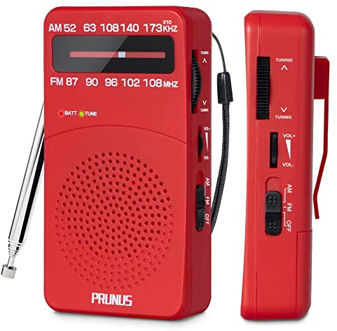 PRUNUS J-166 Transistores Radio Portatil Pequeña FM/Am, Radio Pequeña Pilas con Clip Trasero, Radios Analogica Sintonizador con indicador. Funciona con Pilas AA para Caminar y Viajar.(Rojo)