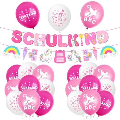 Einschulung Deko Mädchen, Schuleinführung Schulanfang Deko Set，Schulkind Luftballon Rosa Einhorn，Rosa Schulkind Banner und Latex Luftballon，Schulkind Einschulung deko für Mädchen