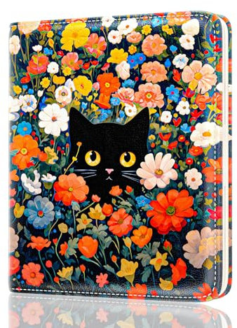 Rouidr Damen-Geldbörse, RFID-geschützt, Klein, Schmal, Zweifach Gefaltet, Kunstleder, Kreditkartenetui, Münzfach, Ausweisfenster, Bunte Blumen-Katze, Katze