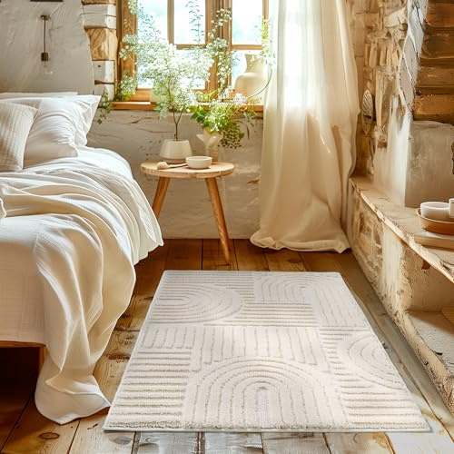 HomebyHome Teppich Läufer 80x150 cm Creme, Hochflor Wohnzimmer Teppich, Weich & Flauschig, Skandinavisch Boho Stil, Langflor Shaggy, Pflegeleicht, Jute Rückseite